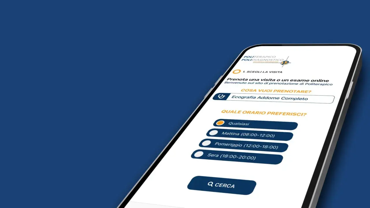 App per prenotare visite mediche, con opzioni per ecografia addome e scelta orario. Esempi di poliptoto nella scelta dell'orario: Mattina, Pomeriggio, Sera.