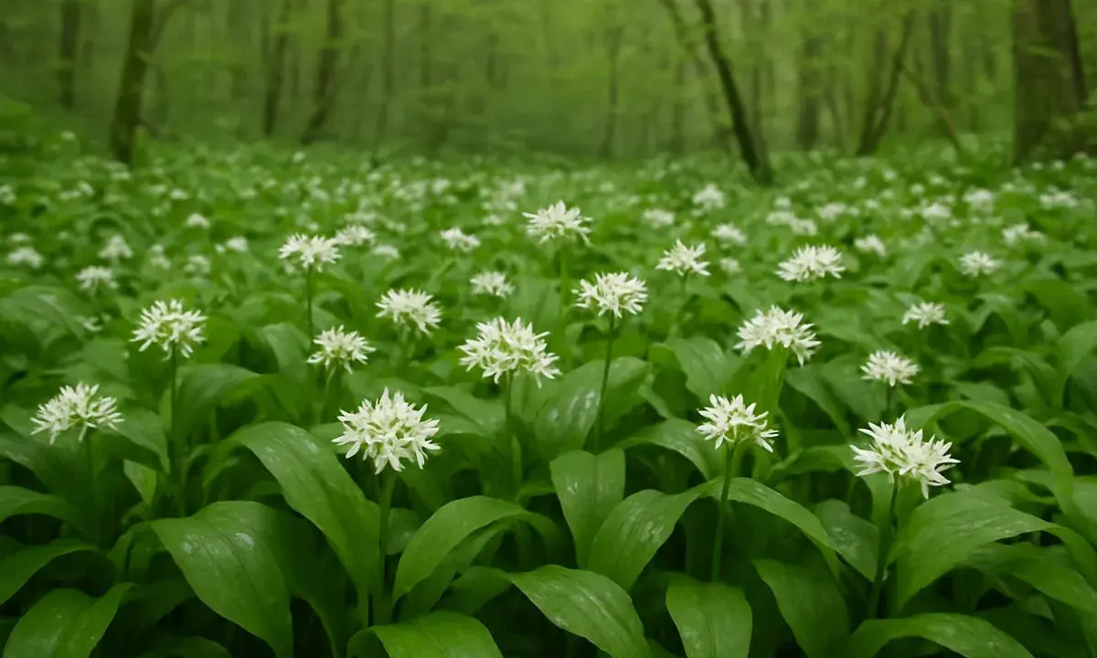 Champ de fleurs blanches d'ail des ours, annonçant la saison. La forêt verdoyante en arrière-plan crée une atmosphère paisible.