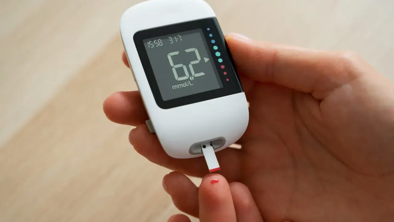 Pomiar glukozy glukometrem. Czy paski do glukometru są darmowe dla seniorów? Wynik 6.2 mmol/L.