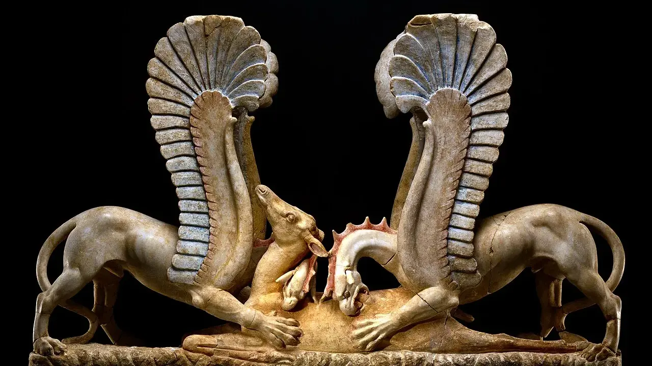 Due grifoni alati, creature mitologiche, attaccano una preda. Il grifone è un simbolo di potere e vigilanza.