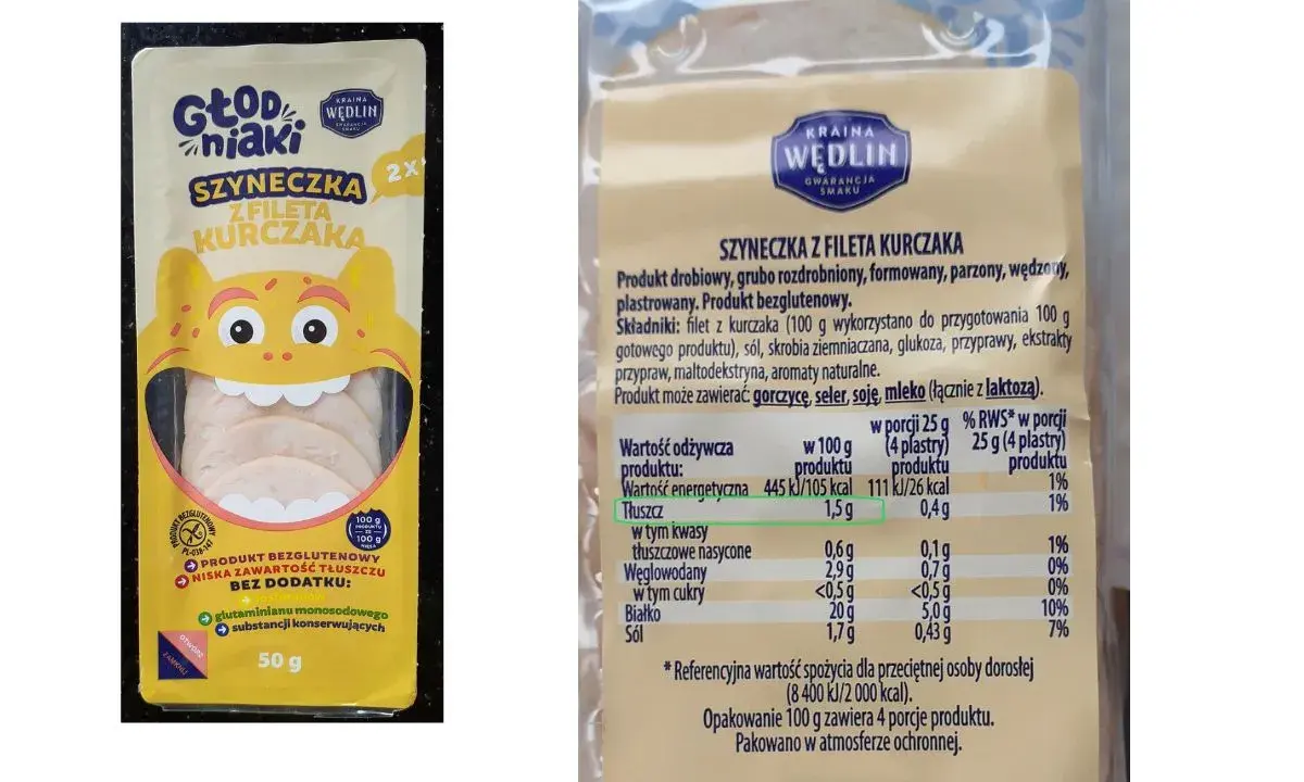 Szyneczka z fileta kurczaka w opakowaniu 50g. Produkt bezglutenowy, z niską zawartością tłuszczu, bez dodatku glutaminianu.