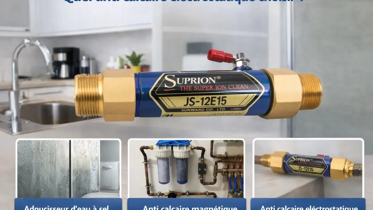 Appareil anti calcaire électrostatique Supurion JS-12E15, avec des vignettes montrant des gouttes d'eau, un filtre et un autre appareil.