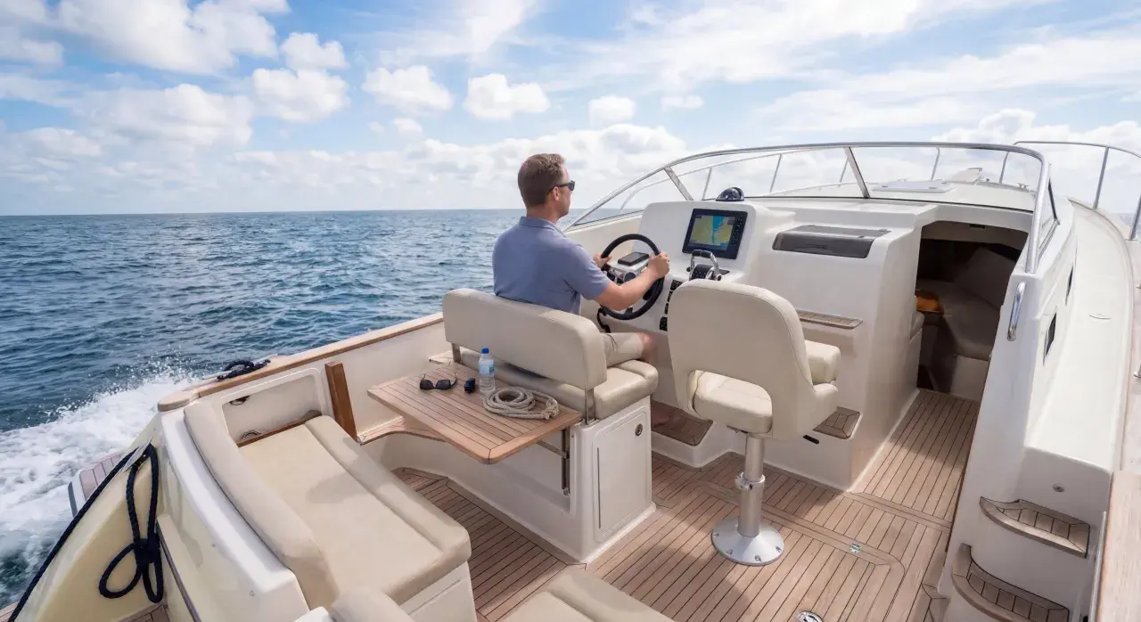 Un homme pilote un bateau sur la mer, le tableau de bord affiche le numéro MMSI.