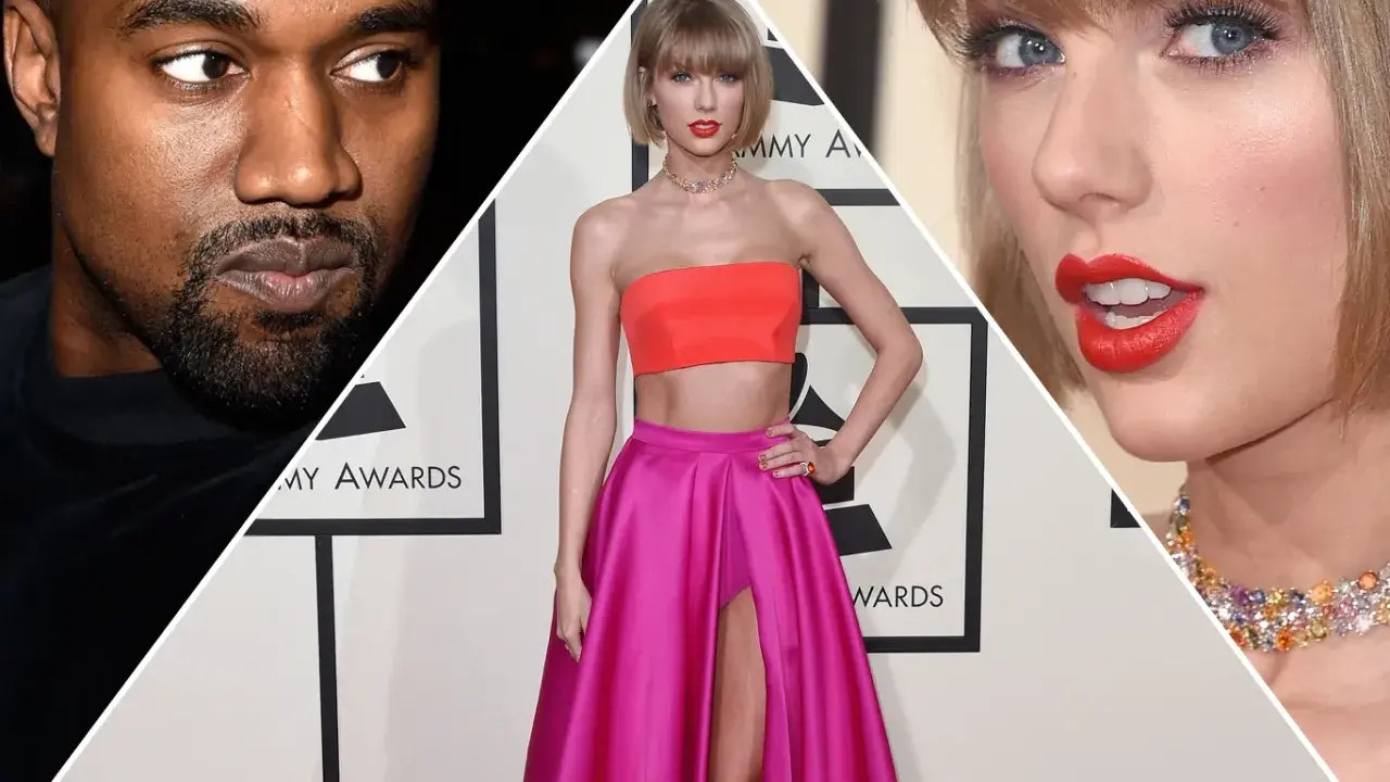 Kanye West i Taylor Swift na gali Grammy. Kanye West w czarnej koszulce, Taylor Swift w dwuczęściowej kreacji.