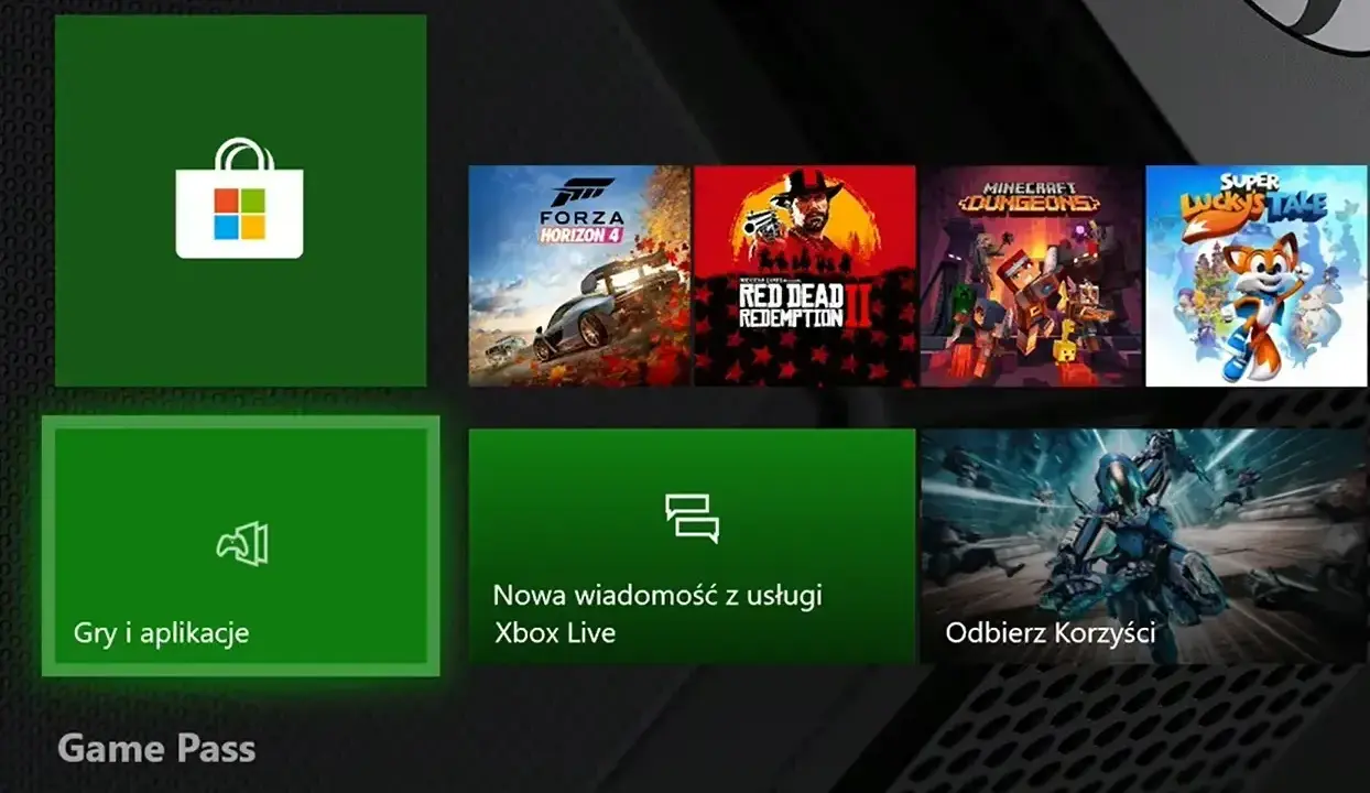 Ekran główny Xbox z grami: Forza Horizon 4, Red Dead Redemption, Minecraft Dungeons, Super Lucky's Tale. Szukasz darmowe gry na Xbox 360?