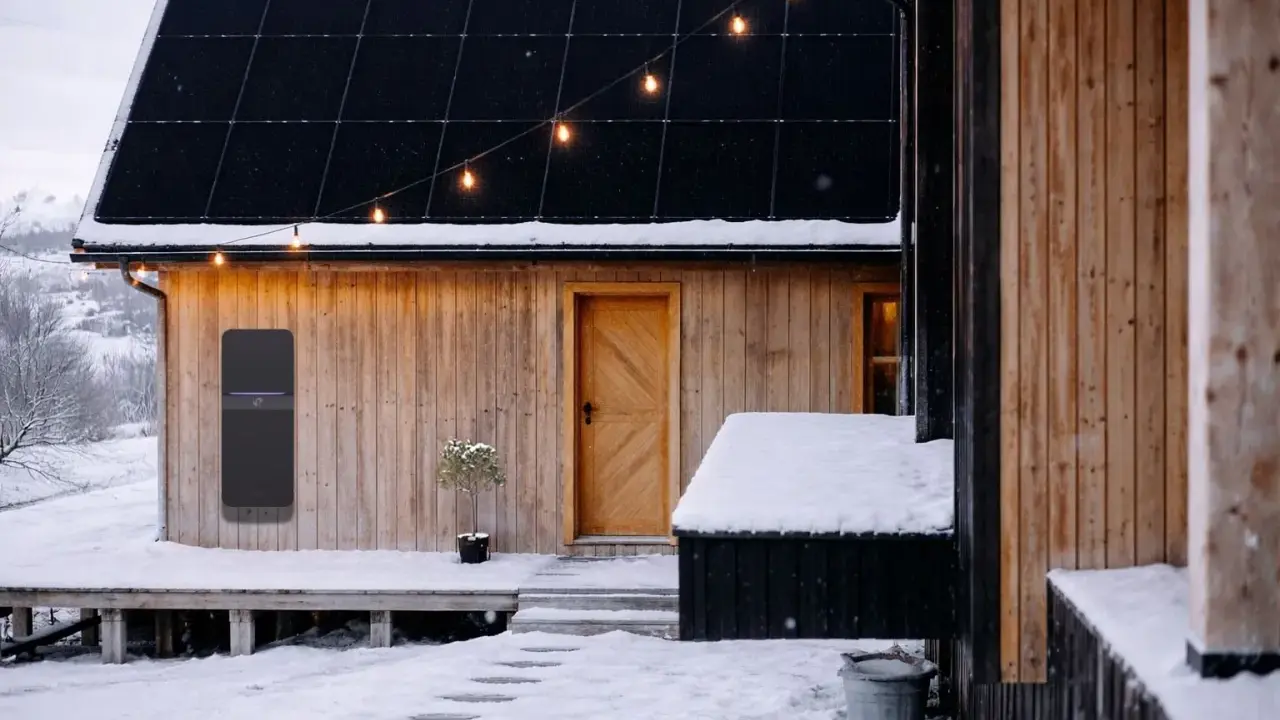 Ett modernt solcellsbatteri utomhus monterat på en träfasad, med snö på taket och marken. Julbelysning lyser upp kvällen.