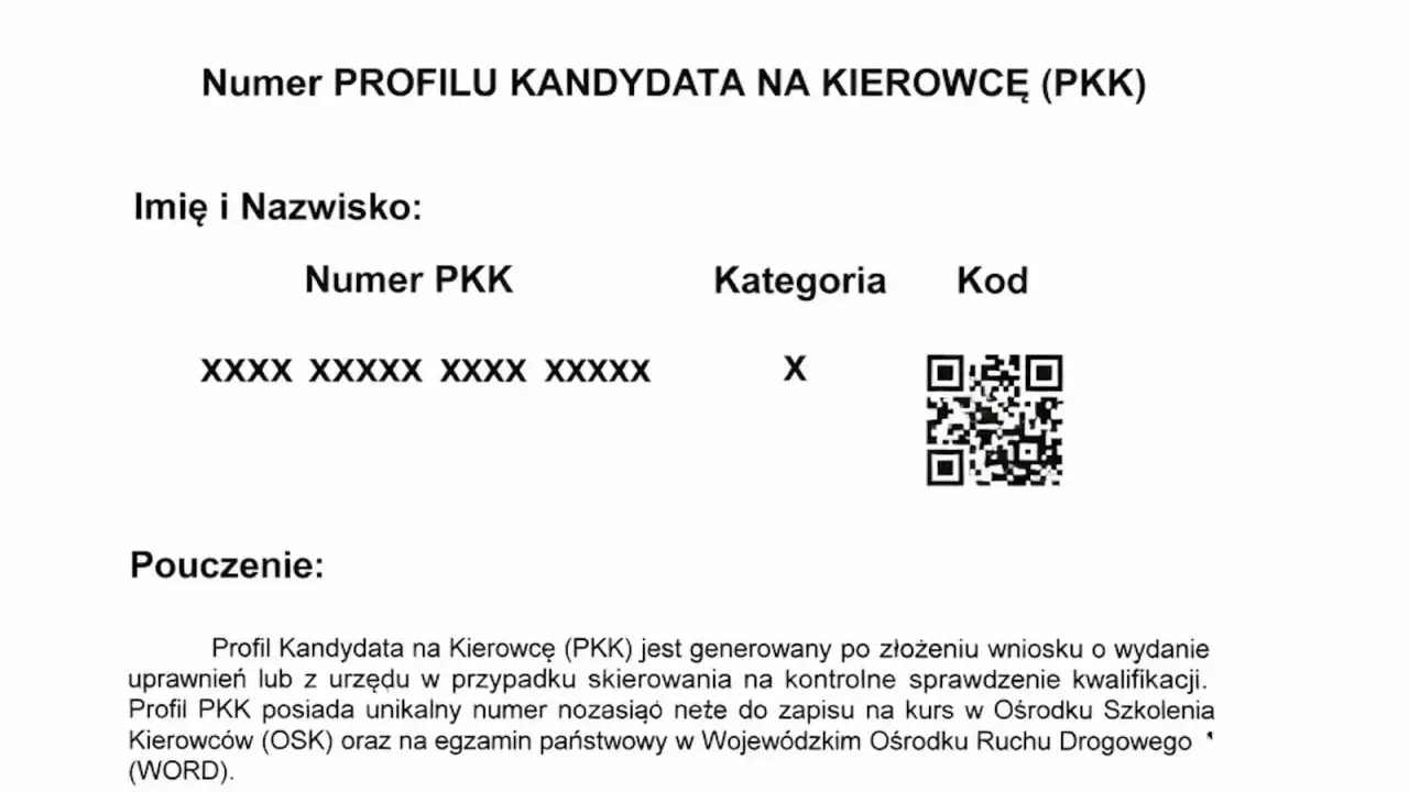 Numer PKK kandydata na kierowcę, kategoria X, kod QR. Dokument zawiera pouczenie o profilu PKK.