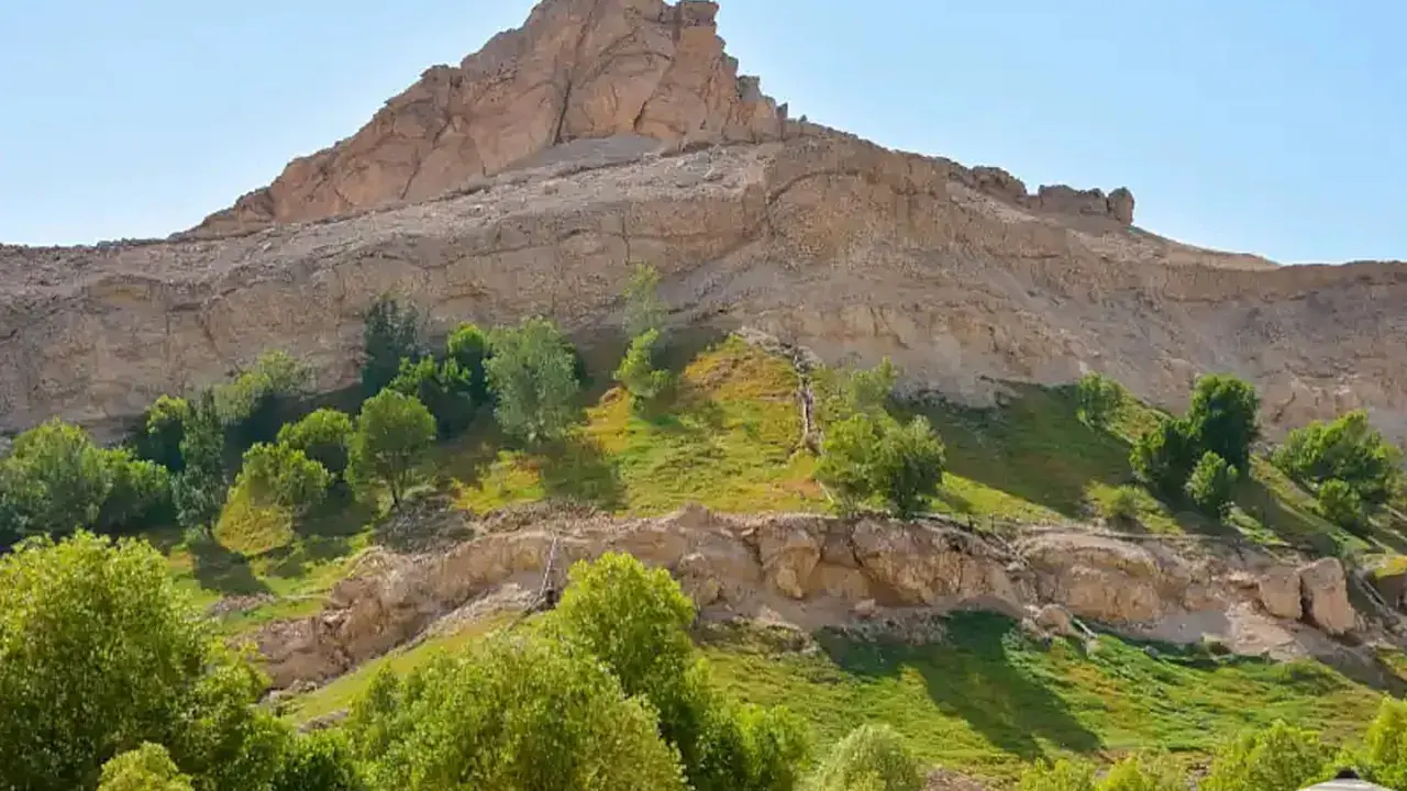 Grüne Oase am Fuße eines Felsmassivs bei Al Ain. Üppige Vegetation kontrastiert mit der trockenen Berglandschaft.