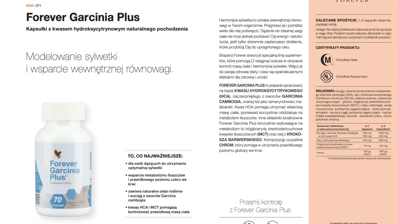 Forever Garcinia Plus: kapsułki z kwasem HCA i MCT wspierające kontrolę wagi i metabolizm. Idealne dla harmonijnej sylwetki.