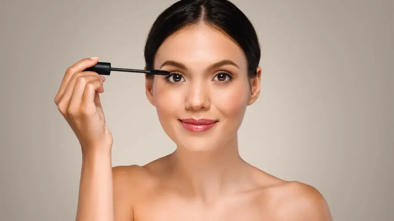 Mujer aplicando máscara de pestañas, un paso esencial para aprender como aplicar sombras de ojos principiantes y realzar la mirada.