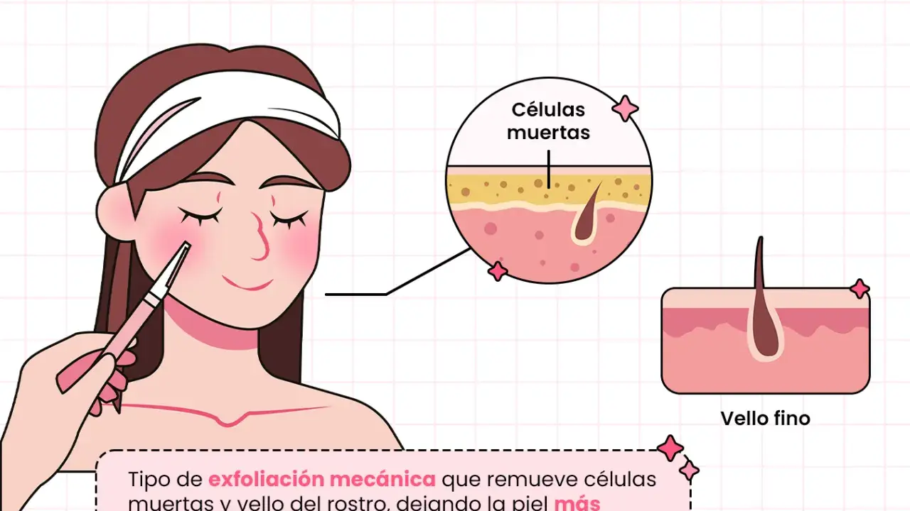 Ilustración de un **dermaplaning facial** que elimina células muertas y vello fino para una piel suave y radiante.
