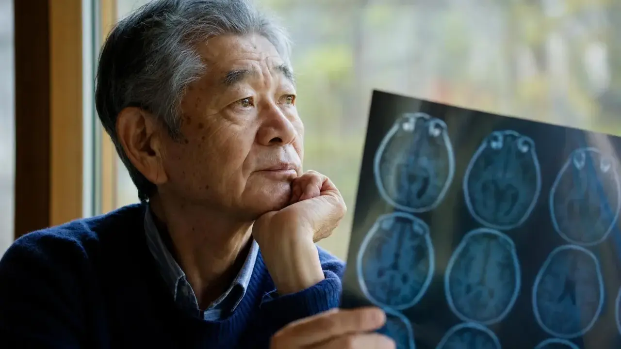 Uomo anziano con scansione cerebrale, riflette sulla possibilità che l'alzheimer sia ereditario.