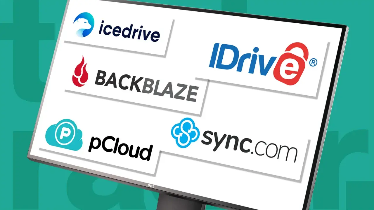 Logotyper för molntjänster som Icedrive, Backblaze, IDrive, pCloud och Sync.com. Perfekt för att spara bilder i molnet.