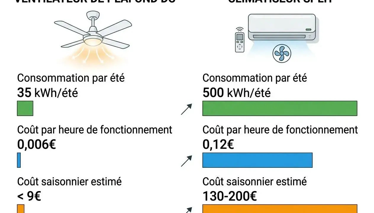 Comparaison entre un ventilateur de plafond et un climatiseur split. Le ventilateur est bien plus économique en été.