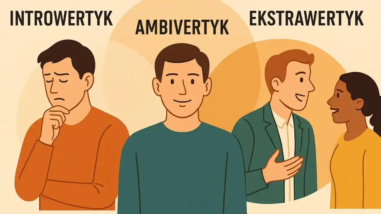 Trzy osoby: zamyślony introwertyk, uśmiechnięty **ambiwertyk** i rozmawiający ekstrawertyk.