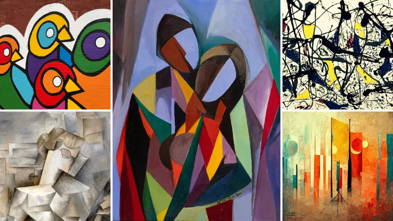 Collage of modern art styles: vibrant birds mural, cubist portrait, abstract figures, Jackson Pollock-esque drip painting, and a stylized cityscape.