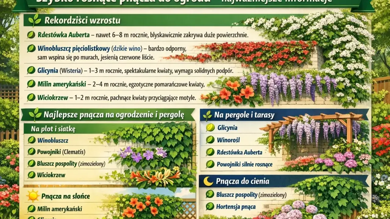 Szybko rosnące pnącza zimozielone na siatkę: winobluszcz, powojniki, bluszcz, wiciokrzew. Wiele gatunków szybko pokrywa ogrodzenie.