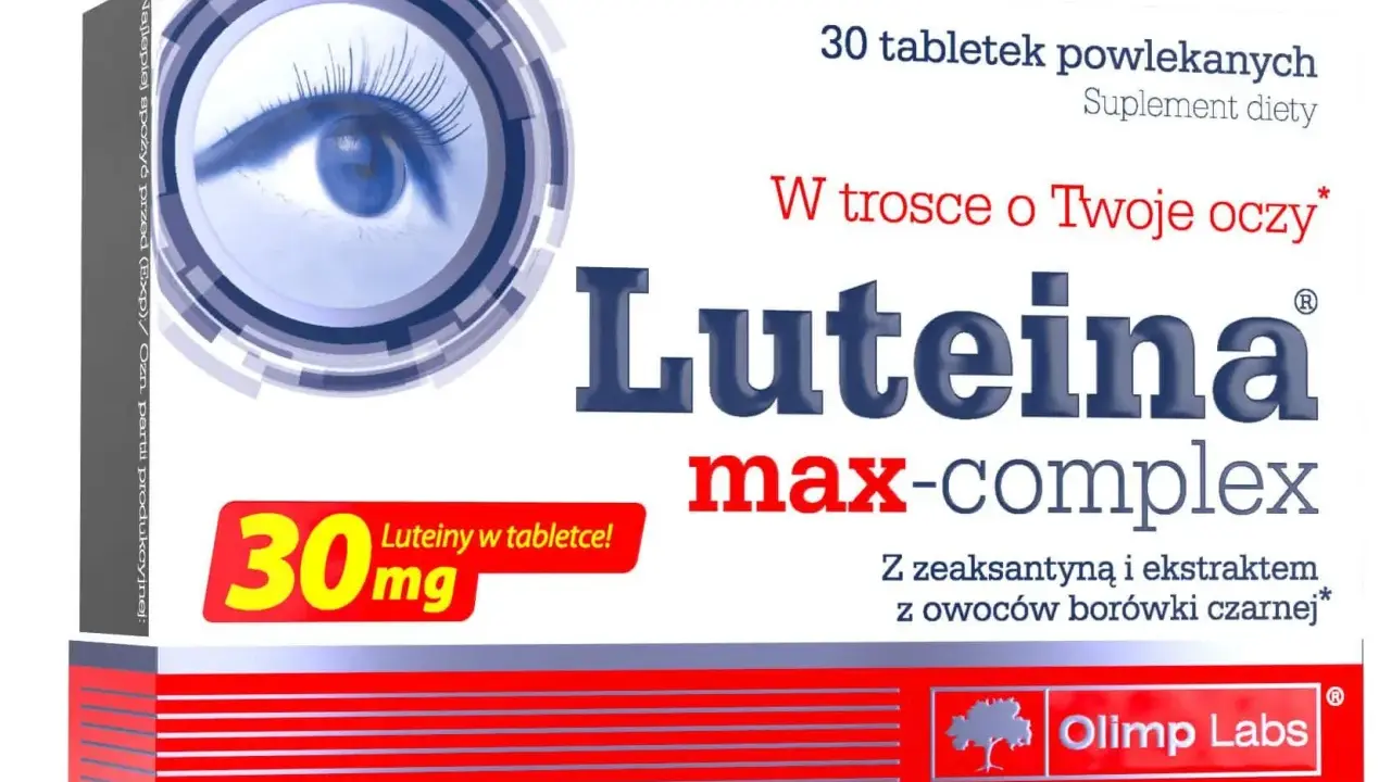 Opakowanie suplementu diety Luteina max-complex, wspierającego zdrowie oczu. Zawiera 30 tabletek z luteiną i zeaksantyną.