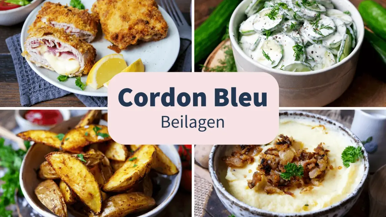 Cordon Bleu mit Kartoffelspalten, Gurkensalat und Kartoffelpüree. Köstliche Beilagen für ein perfektes Essen.