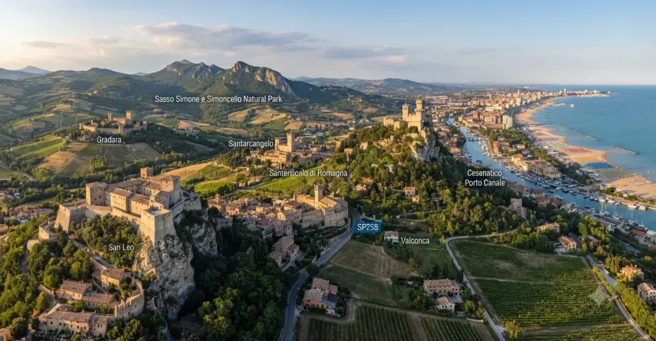 Panoramica di borghi medievali e paesaggi collinari, ideali per gite di un giorno da Rimini: San Leo, Gradara, Santarcangelo, Sasso Simone.