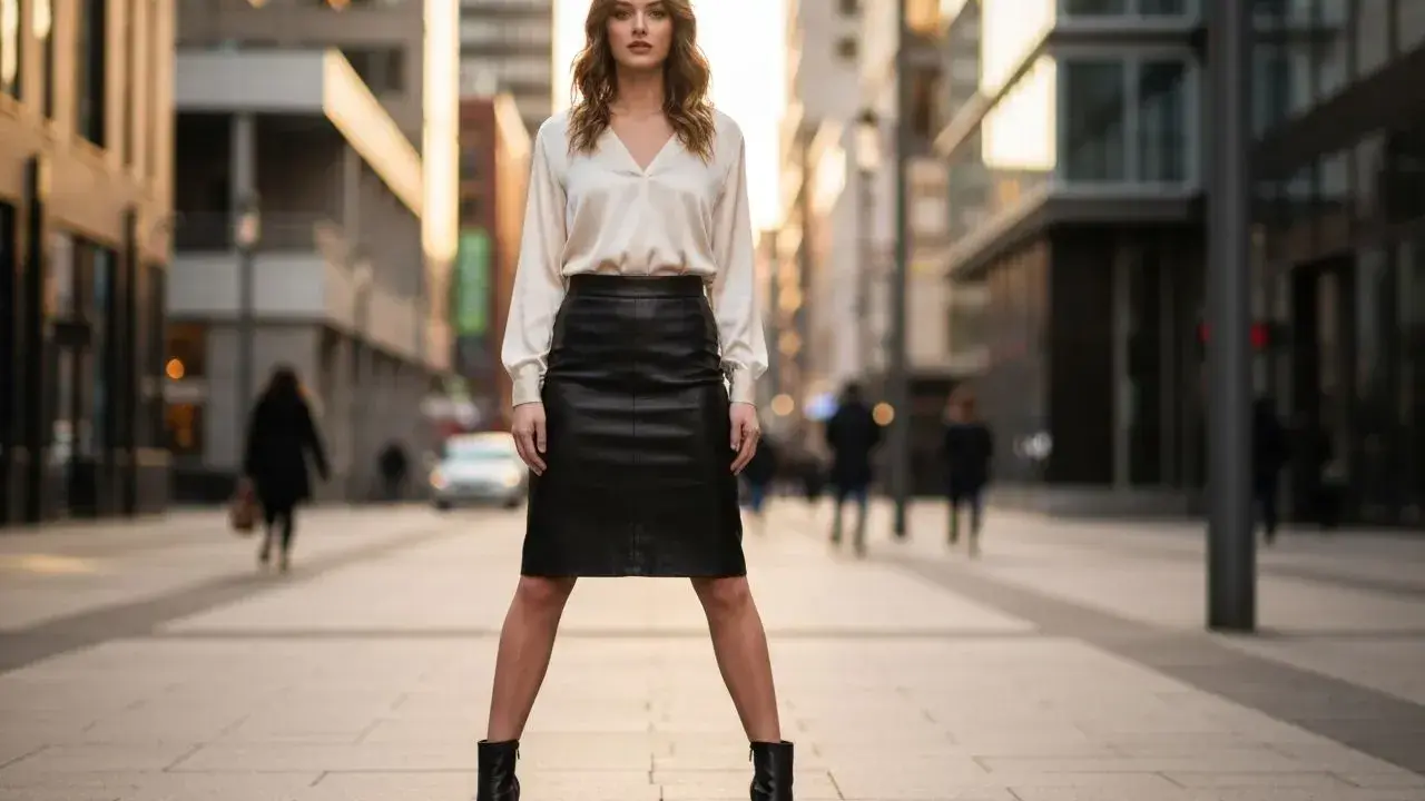 Elegancka kobieta w czarnej skórzanej spódnicy i satynowej bluzce prezentuje stylowe skórzana spódnica stylizacje na tle miejskiej ulicy.