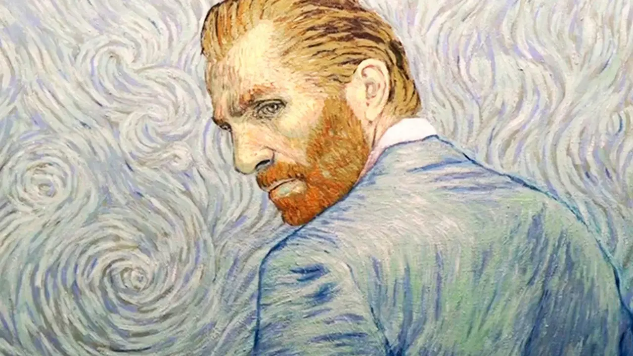 Vincent van Gogh, med sitt karaktäristiska röda skägg, blickar bortåt mot en virvlande, stjärnklar bakgrund. Hans syskon skulle känt igen hans intensiva blick.