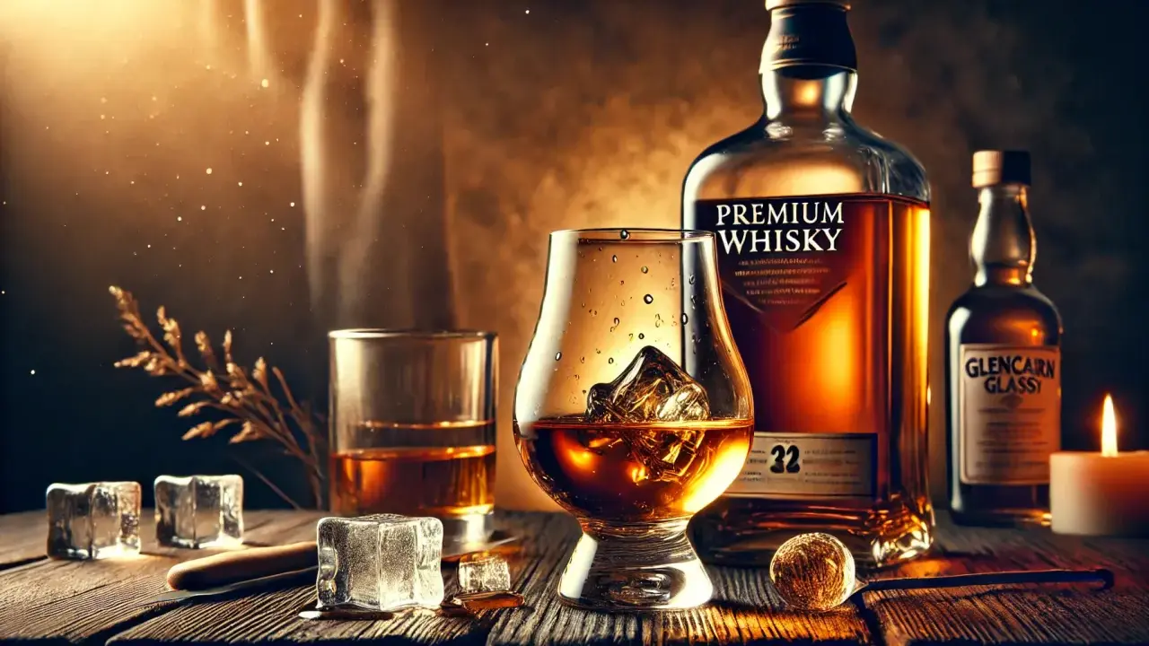 Ein Glas mit Eiswürfeln und bernsteinfarbenem Whisky, daneben eine Flasche "Premium Whisky". So trinkt man Whisky stilvoll.
