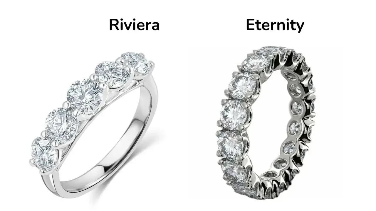 Anello Riviera con 5 diamanti e anello eternity con diamanti tutt'intorno, simbolo di un amore senza fine.