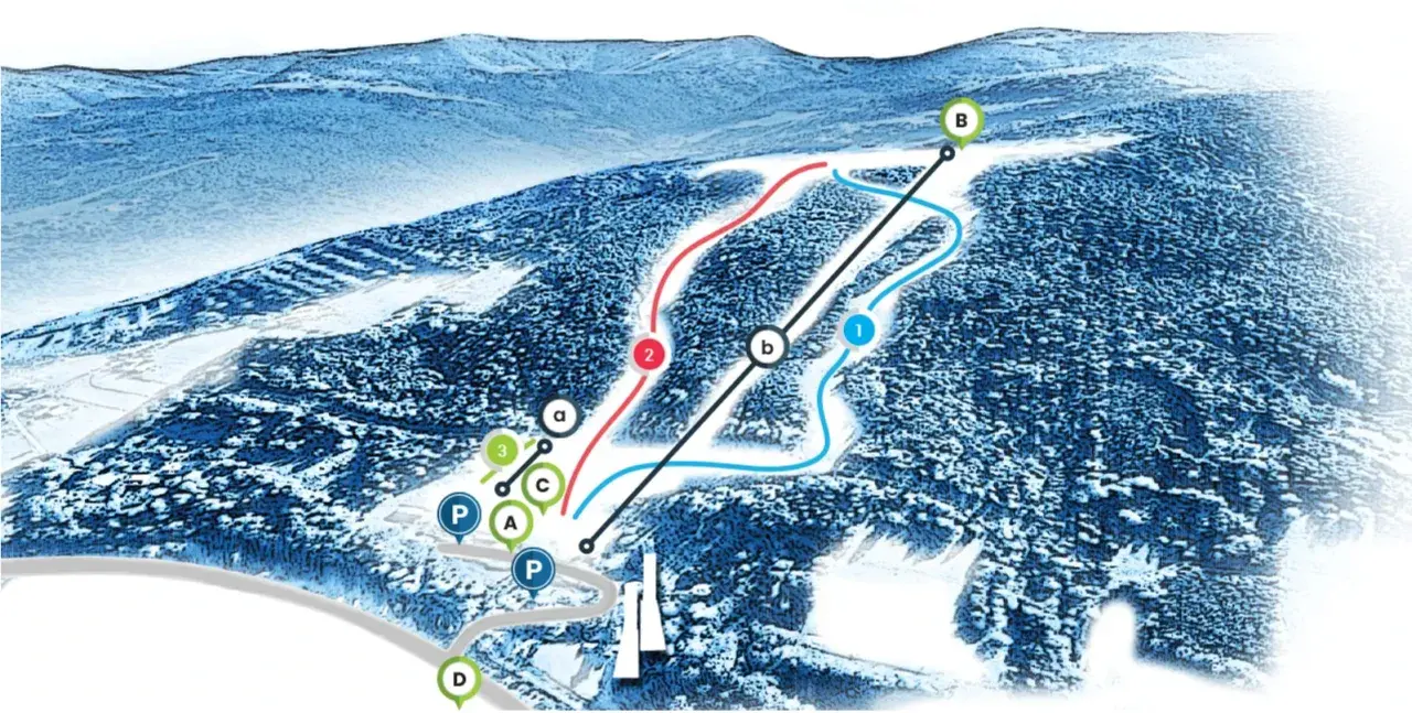 Mapa stoków narciarskich w Wiśle z zaznaczonymi trasami, wyciągami i punktami P.