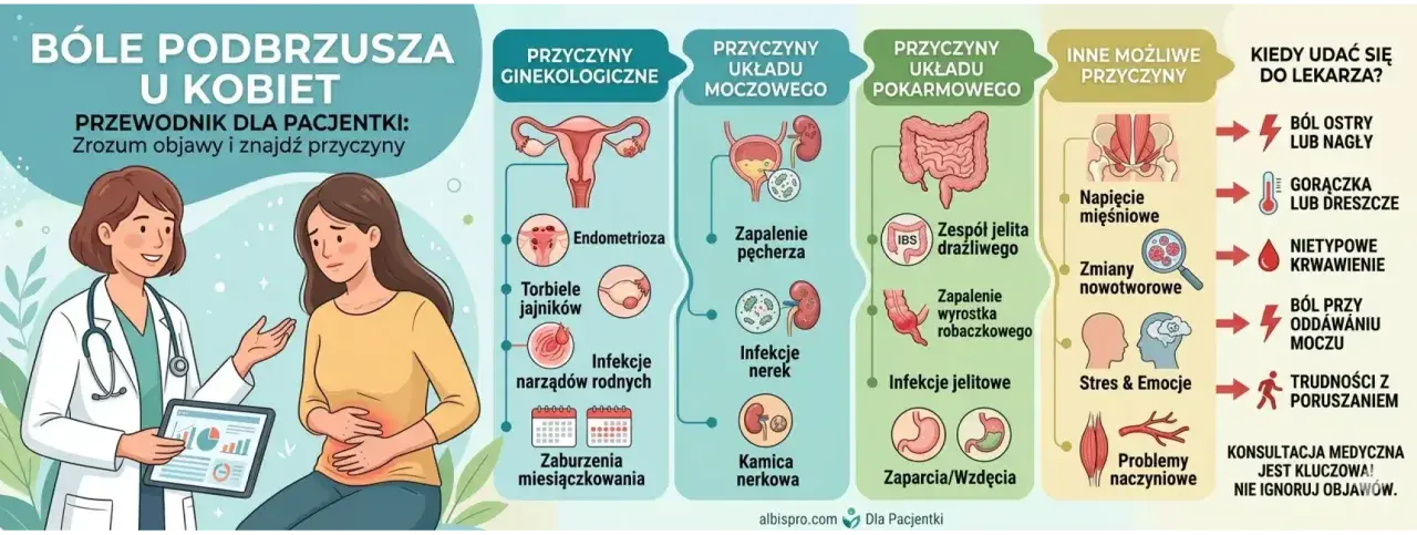 Ból podbrzusza na środku może mieć wiele przyczyn: ginekologiczne, moczowe, pokarmowe, a także napięcie mięśniowe czy stres. Kiedy udać się do lekarza? Gdy ból jest ostry, nagły, towarzyszy mu gorączka, krwawienie lub problemy z oddawaniem moczu.