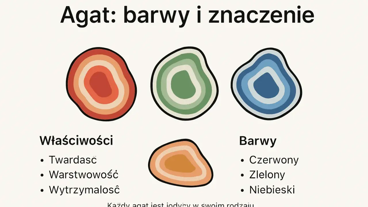 Ilustracja przedstawia trzy kolorowe odmiany agatu: czerwony, zielony i niebieski, z opisem jego właściwości i barw.