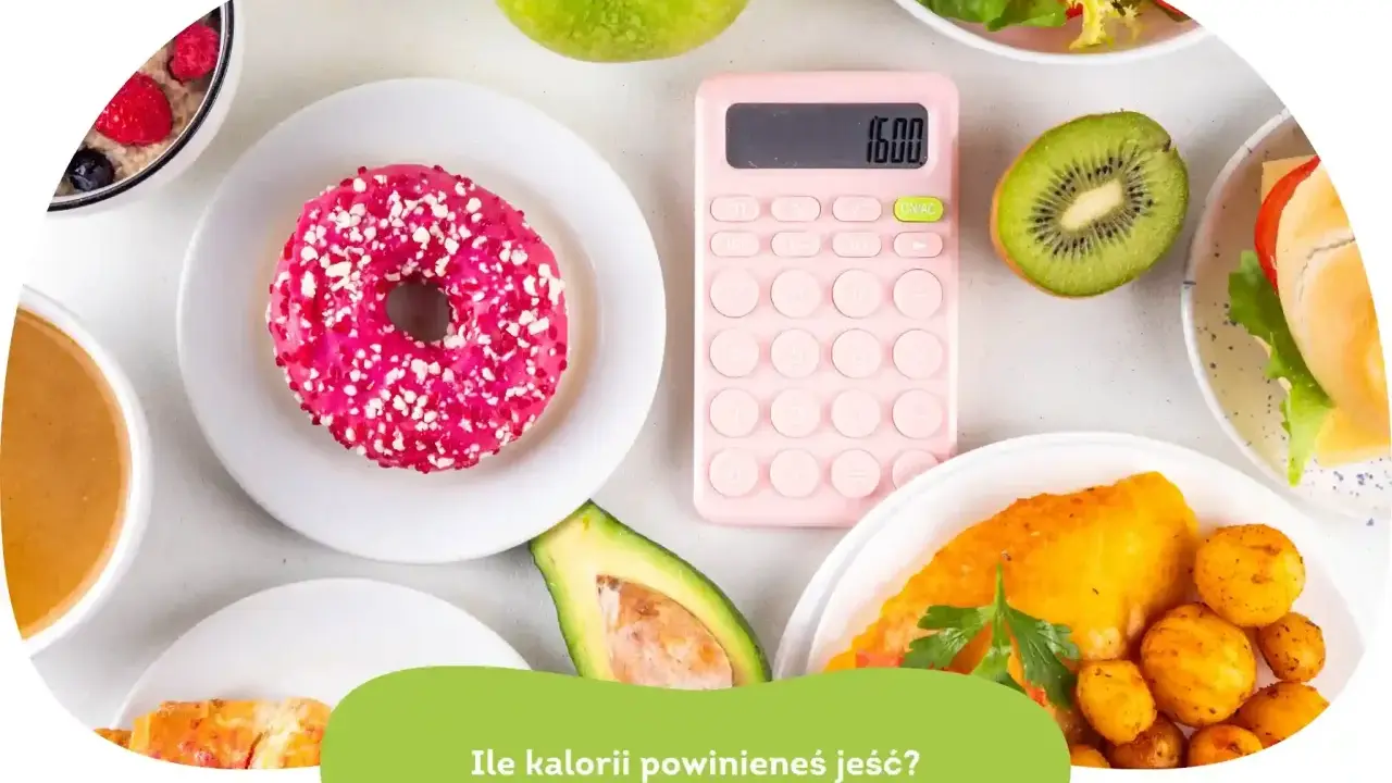 Różnorodne jedzenie i kalkulator z napisem "Ile kalorii dziennie?".