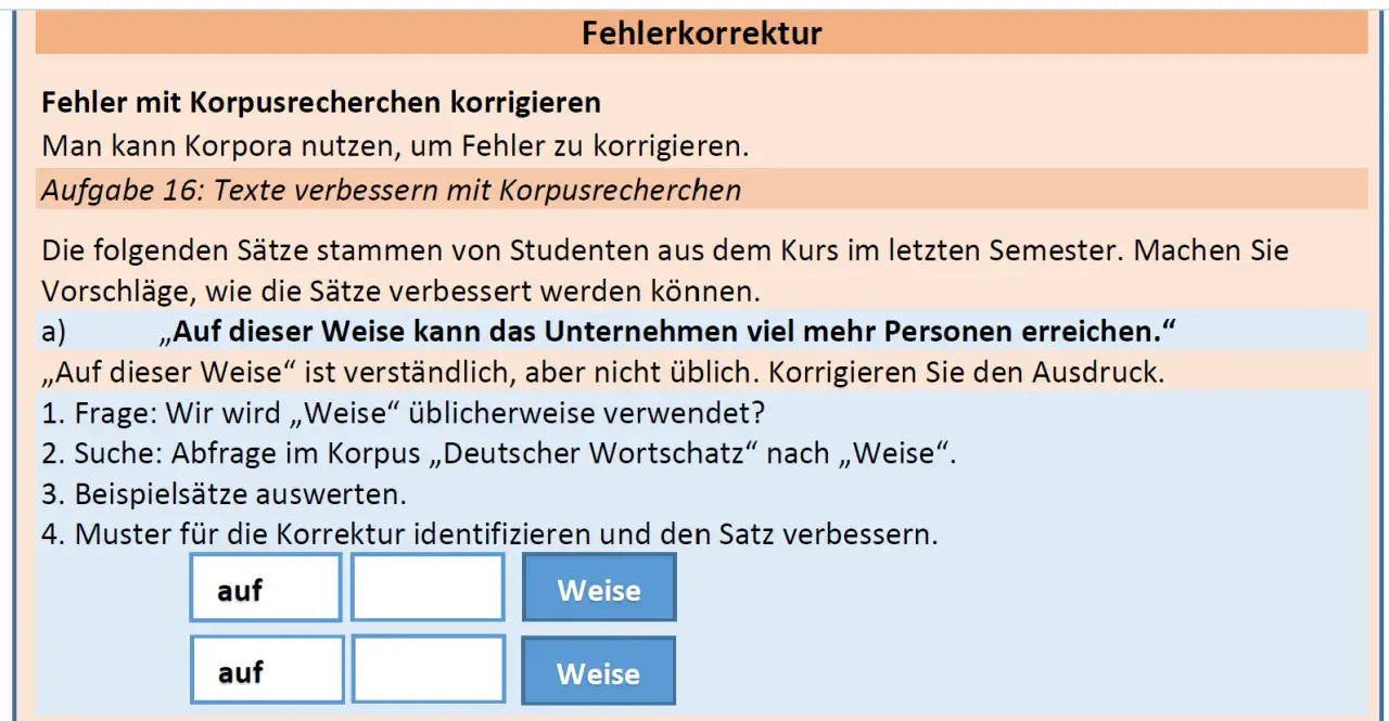 Aufgabe zur Fehlerkorrektur: Studenten sollen mit Korpusrecherchen die Wortbildung verbessern und Sätze korrigieren.