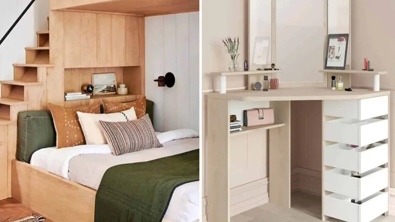Comment avoir une belle chambre : un lit douillet intégré dans des étagères en bois et un coin coiffeuse moderne avec miroir.