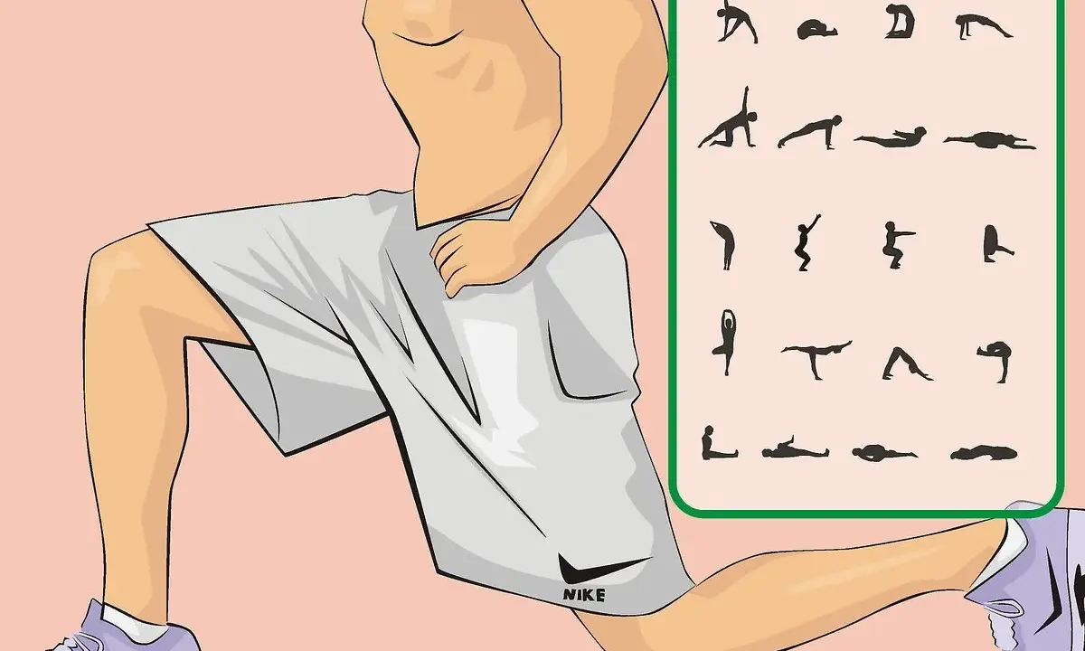 Ilustracja pokazuje mężczyznę w wykroku, obok schematyczne ćwiczenia, które mogą pomóc w treningu mięśni kegla ćwiczenia u mężczyzn.
