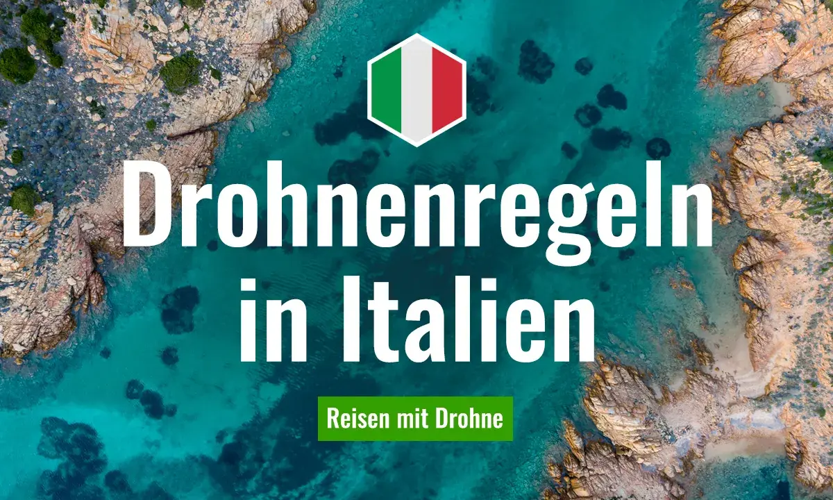 Drohnenregeln in Italien: Ein Hexagon mit italienischer Flagge über einer Küstenlandschaft. Reisen mit Drohne.