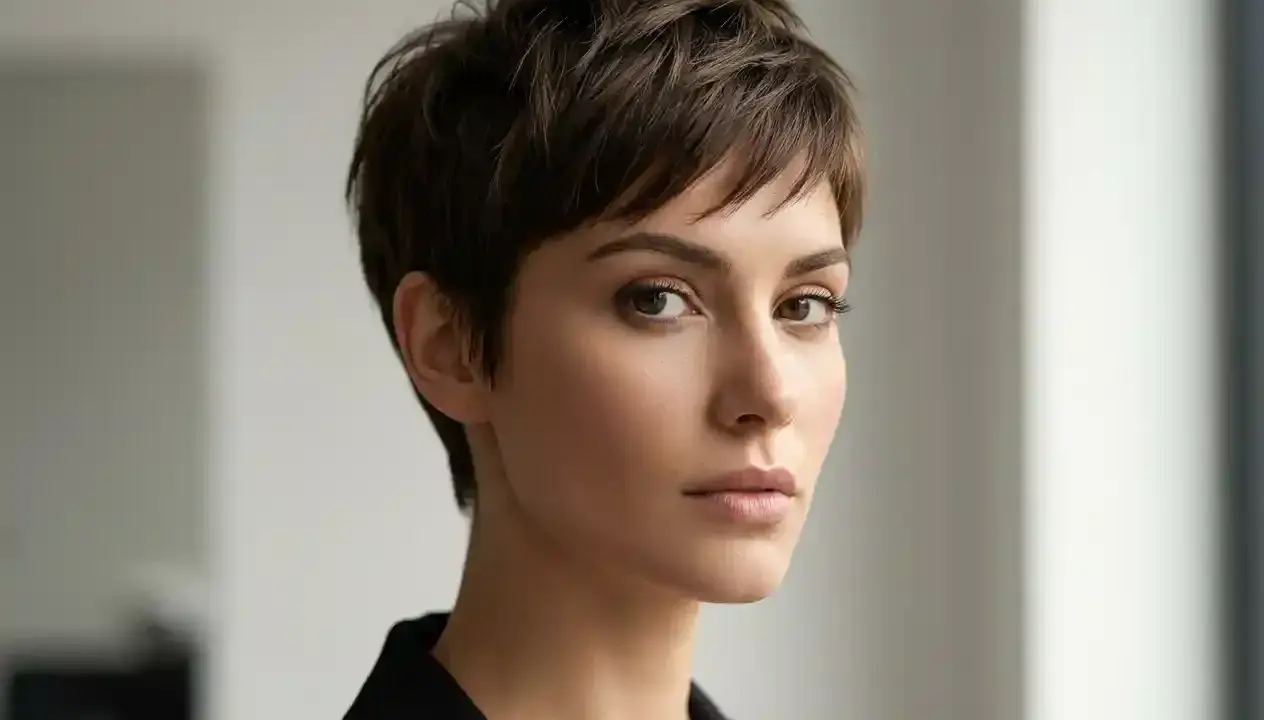 Kobieta z brązowymi włosami w fryzurze pixie cut. Ta fryzura pixie cut dla kogo? Dla odważnych i pewnych siebie kobiet, które chcą podkreślić swoją urodę.