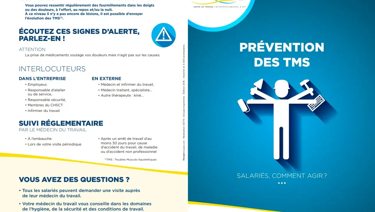 Affiche de prévention des TMS : écoutez les signes d'alerte, parlez-en ! L'image illustre la prévention des troubles musculo-squelettiques.