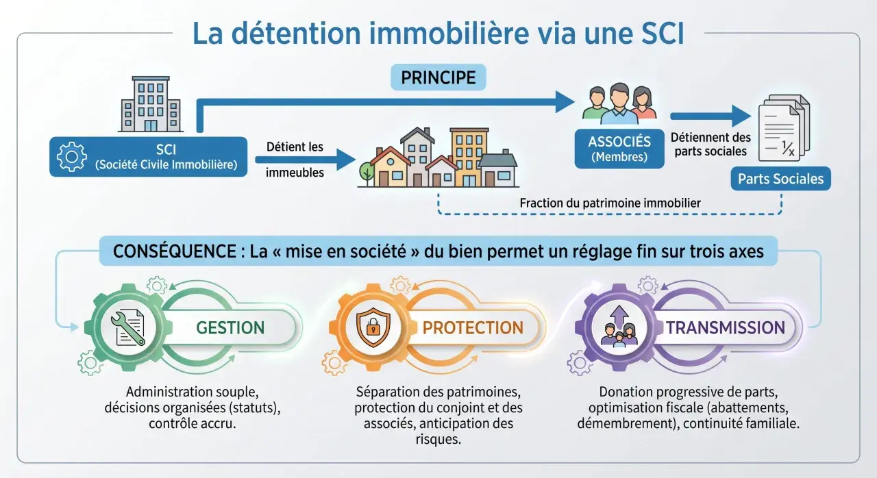 Schéma expliquant la détention immobilière via une SCI, illustrant le principe et les conséquences pour la gestion, la protection et la transmission, idéal pour une sci familiale.