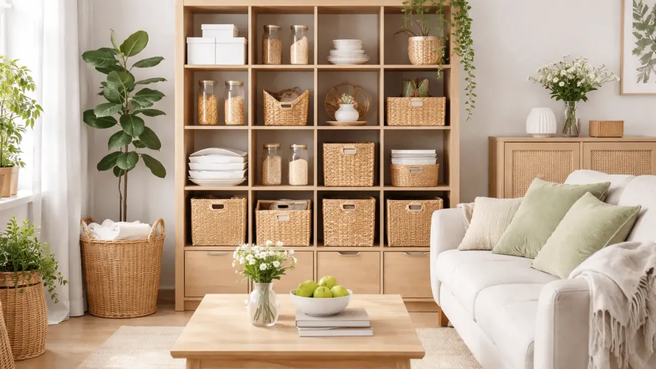 Un soggiorno ordinato con scaffali in legno pieni di cesti per il decluttering casa. Un divano bianco e un tavolino completano l'ambiente.