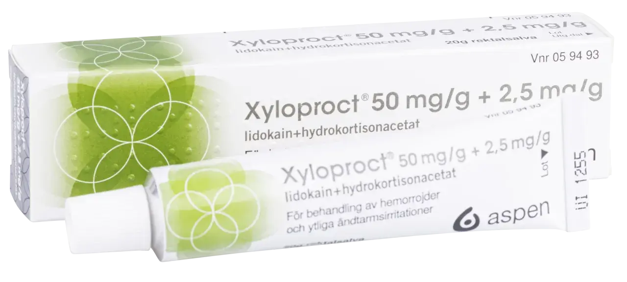 Xyloproct rektalsalva, ett effektivt medicin mot hemorrojder och irritationer. Förpackning och tub syns tydligt.
