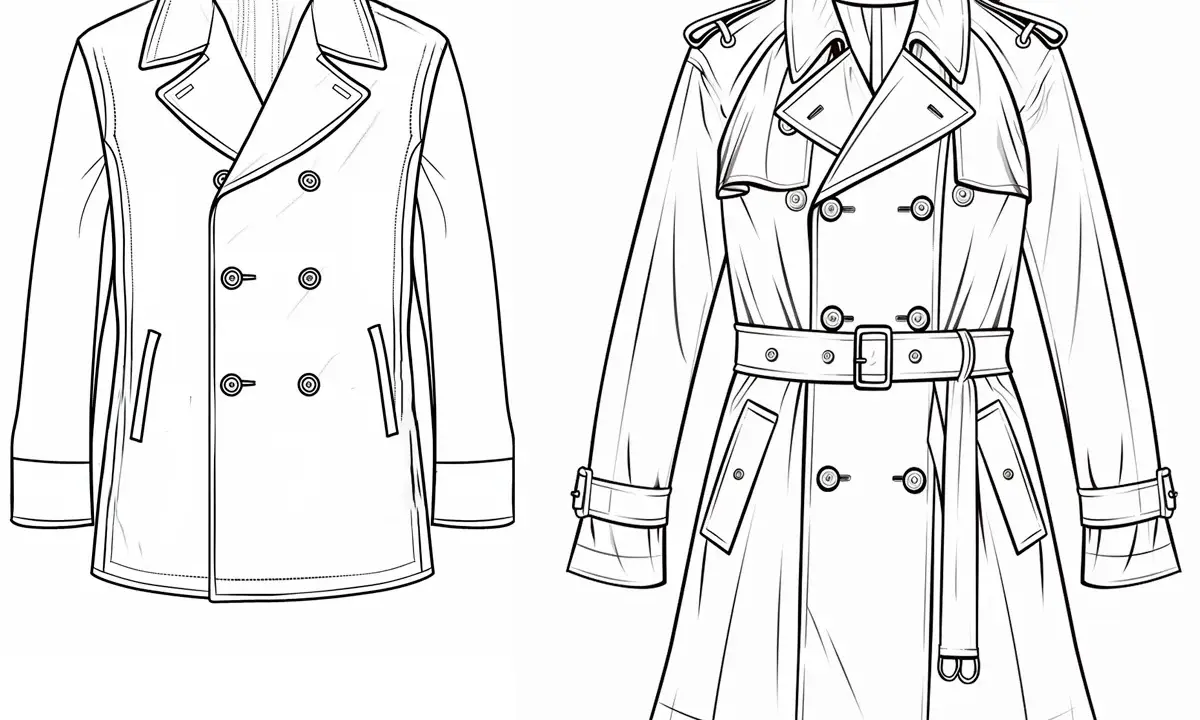 Line drawings showcase a classic trench coat with a belt and epaulets, contrasted with a shorter peacoat.
