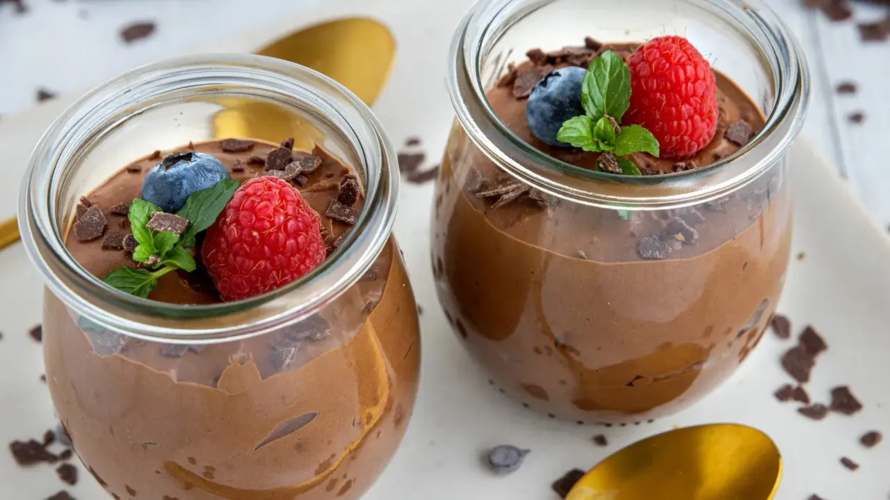 Zwei Gläser mit luftiger Schokomousse, garniert mit frischen Beeren und Schokostückchen. Ein Genuss für Schokoladenliebhaber!