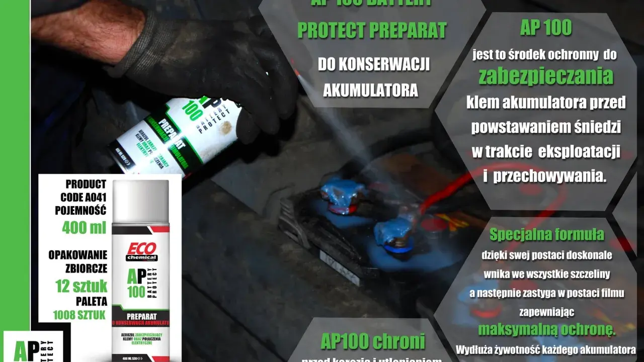AP100 to preparat do konserwacji akumulatora, którym smaruje się klemy, chroniąc je przed korozją i śniedzią.