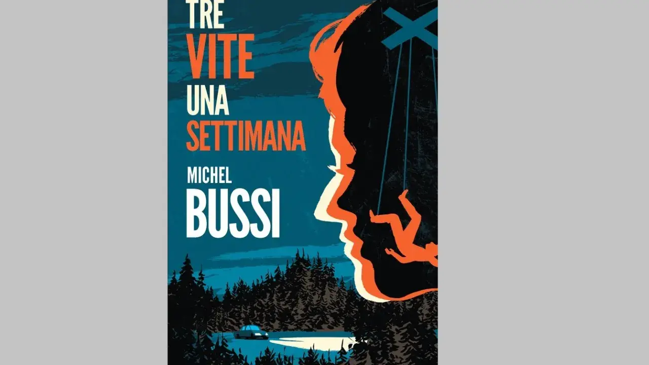 Copertina del libro "Tre vite una settimana" di Michel Bussi. Una silhouette di profilo domina la scena, con figure umane appese come marionette.