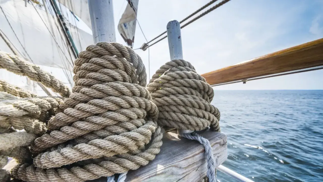 Gros cordages enroulés sur un voilier, prêts pour le moteur fonctionnement. La mer bleue et le ciel clair en arrière-plan.