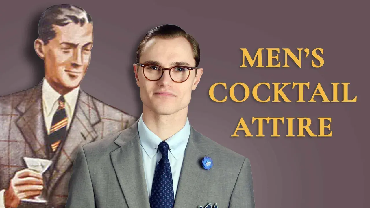 Men's cocktail attire often includes a tie, as shown by the vintage illustration and modern man.