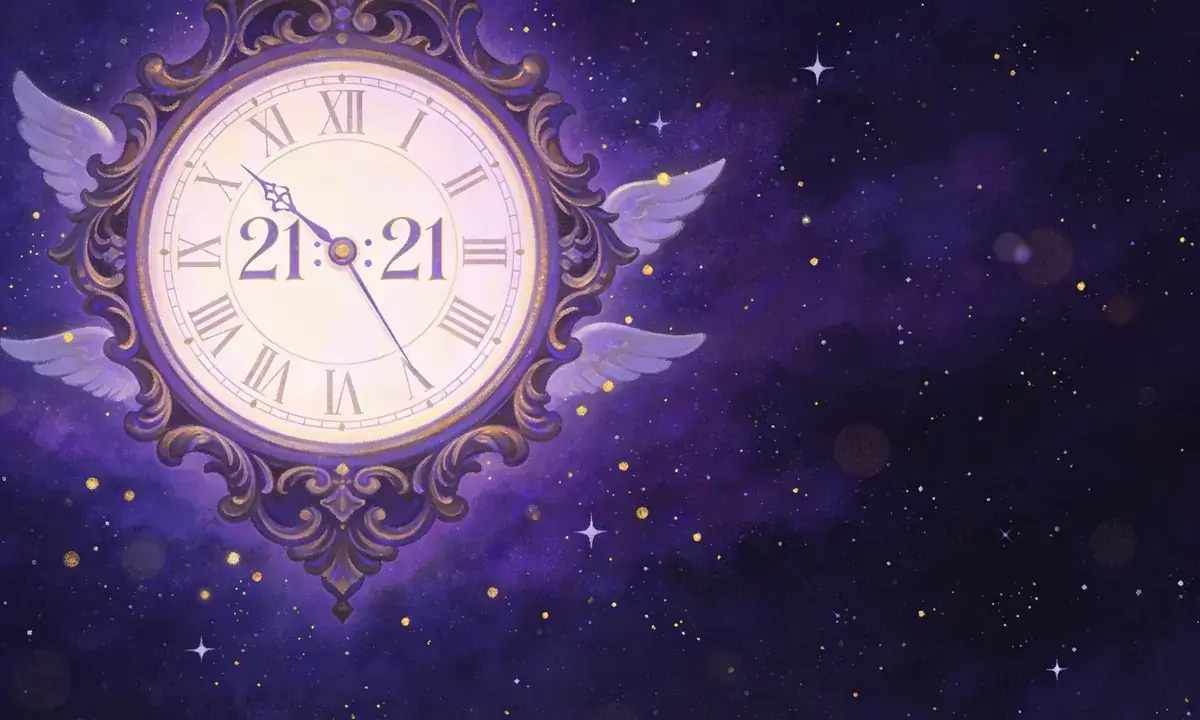 Zegar z anielskimi skrzydłami pokazuje 21:21. To znaczenie może być znakiem, że czas na zmiany lub nowy początek.
