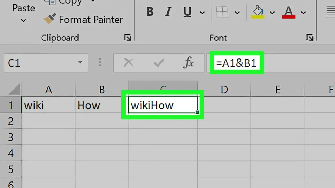 Wpisz formułę =A1&B1 w komórce C1, aby połączyć tekst z A1 i B1. To pierwszy krok, jak wyłączyć ochronę arkusza w Excelu.