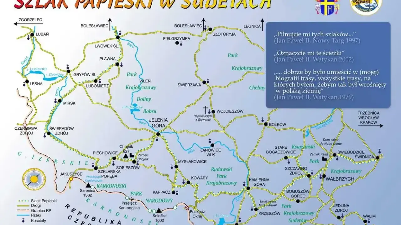Mapa szlaków papieskich w Sudetach, prowadząca m.in. do Chojnika.